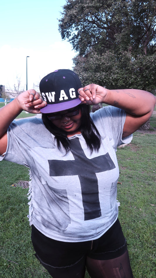 Distressed Off-Shoulder Cross Tee