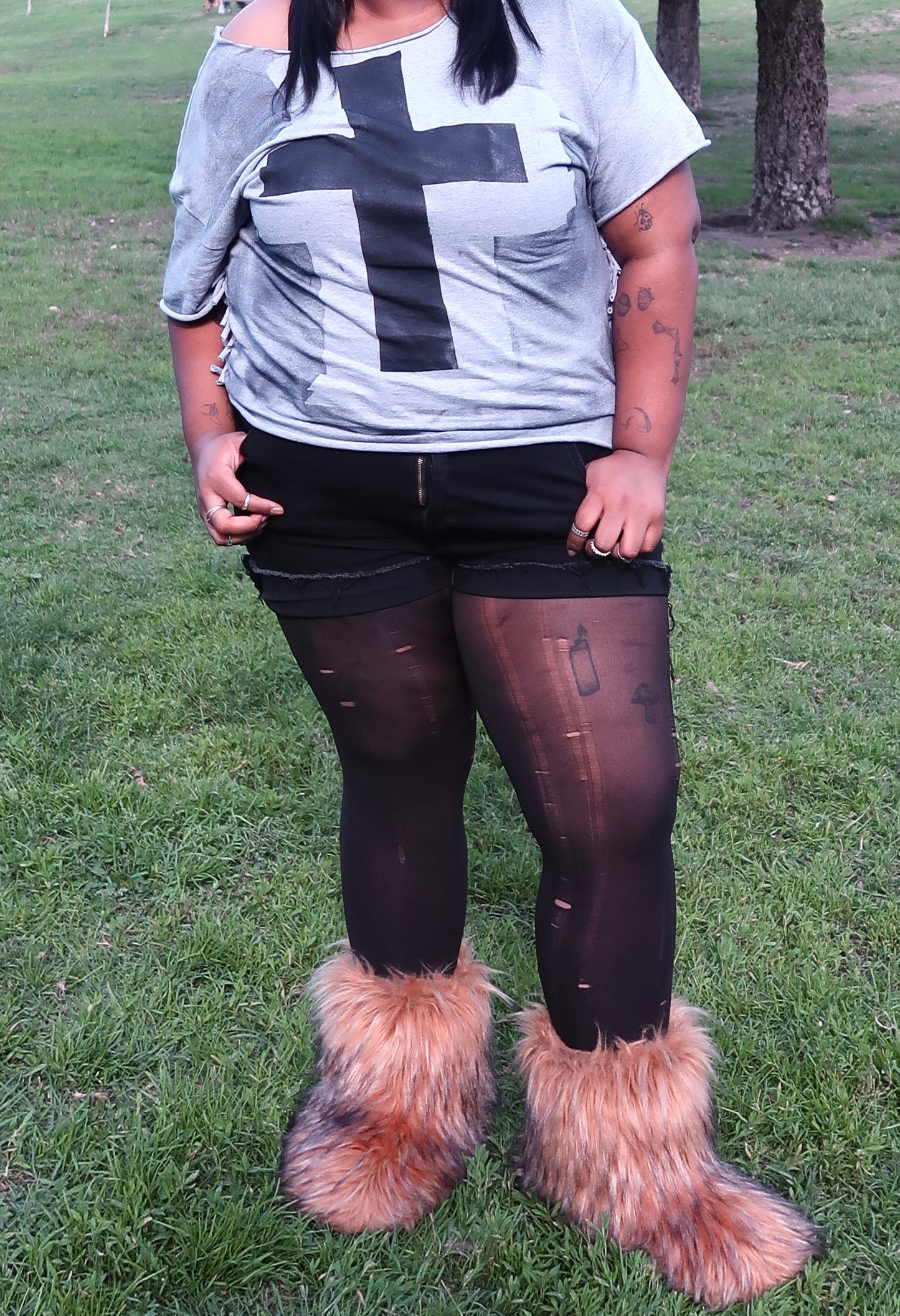 Distressed Off-Shoulder Cross Tee