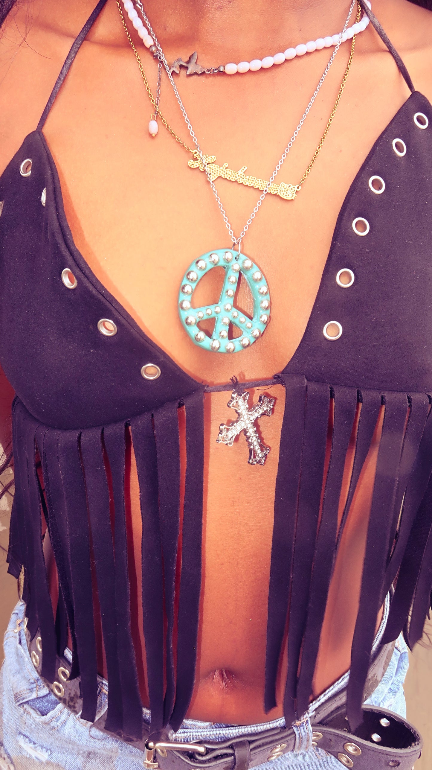 Teal Studded Peace Sign Necklace